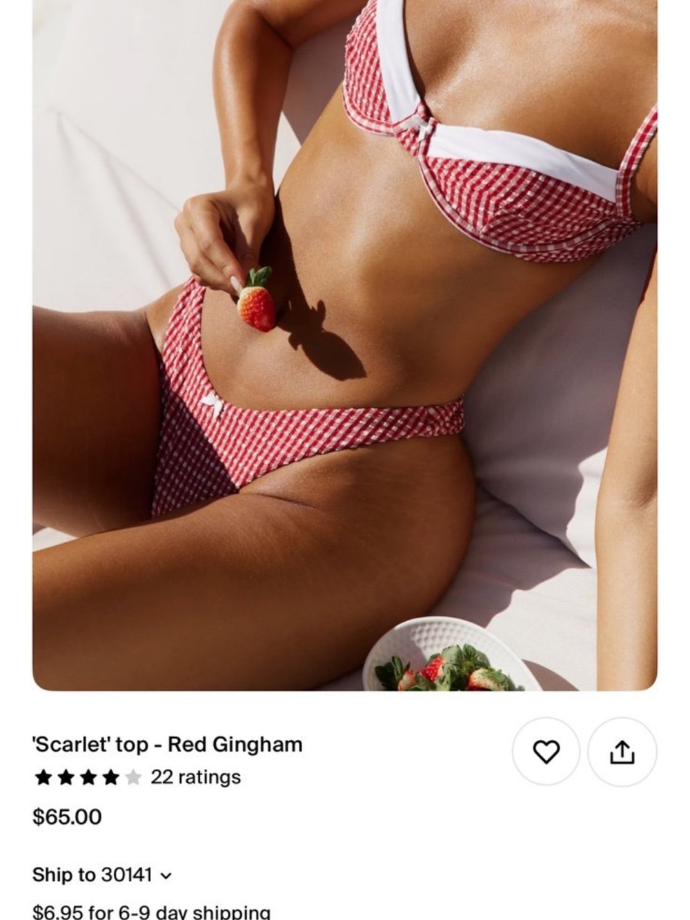 Haute Swim Scarlett Red Gingham Underwire Bikini Top with White Trim
